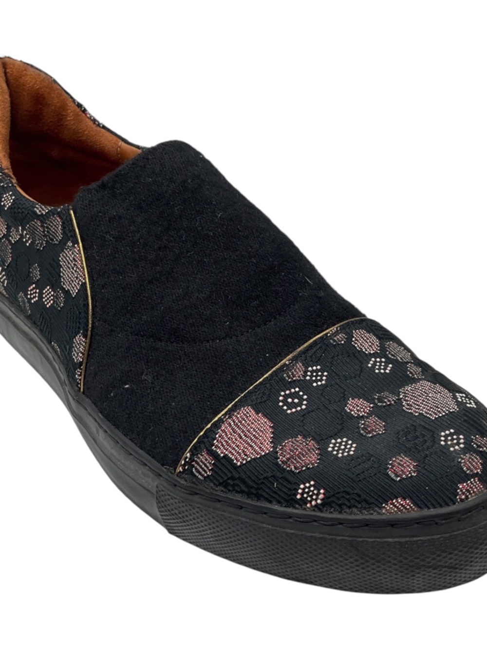 DRIES VAN NOTEN BLACK / RED METALLIC PRINTED FABRIC SLIP ON SNEAKERS